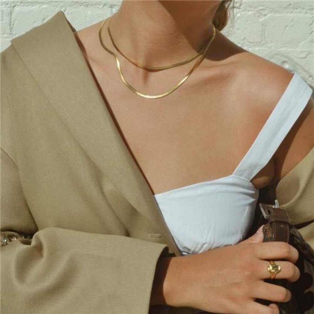 Gold Flat Chain Necklaces for Women Stainless Steel Snake Chain Cute - Picture 4 of 7